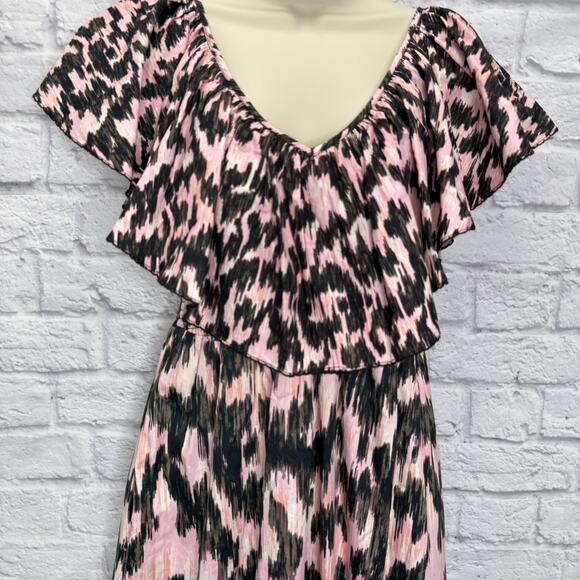 MariaCher Dabir Cotton Ruffle Trim V Neck Smocked Midi Dress Size S Pink Black - Picture 2 of 9